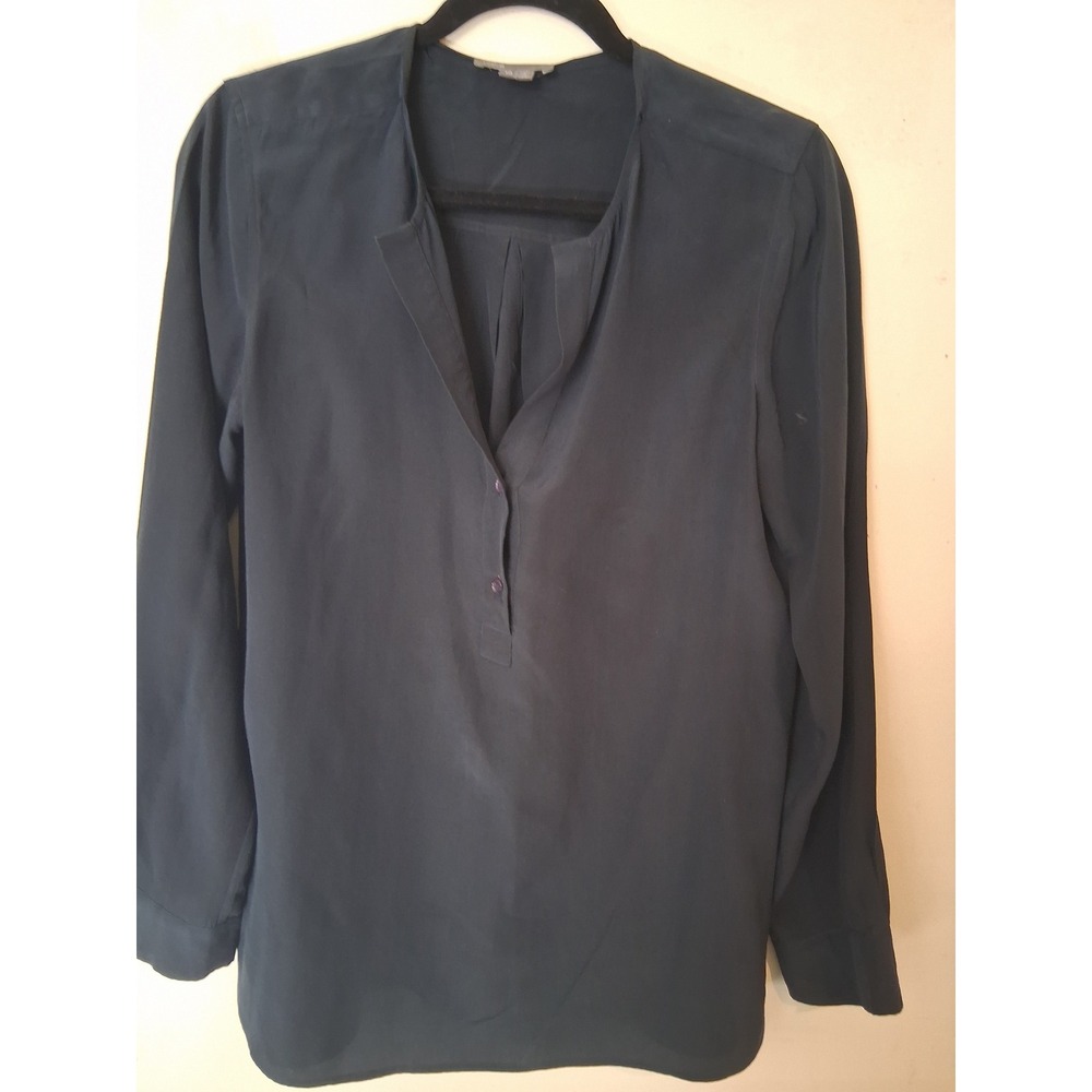 Vince Navy Blue 100% Silk Long Sleeve Split Neck Blouse Top Size 10